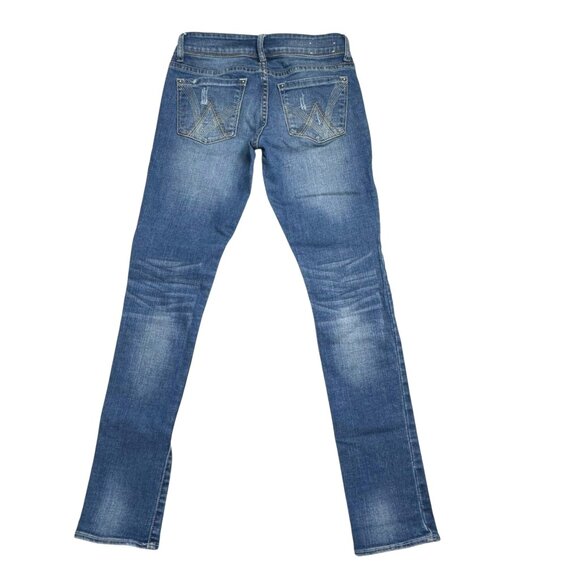 Delias Midrise Flare Recycled Denim Jeans Size 2S Distressed Blue Cotton/Spandex - Picture 3 of 6